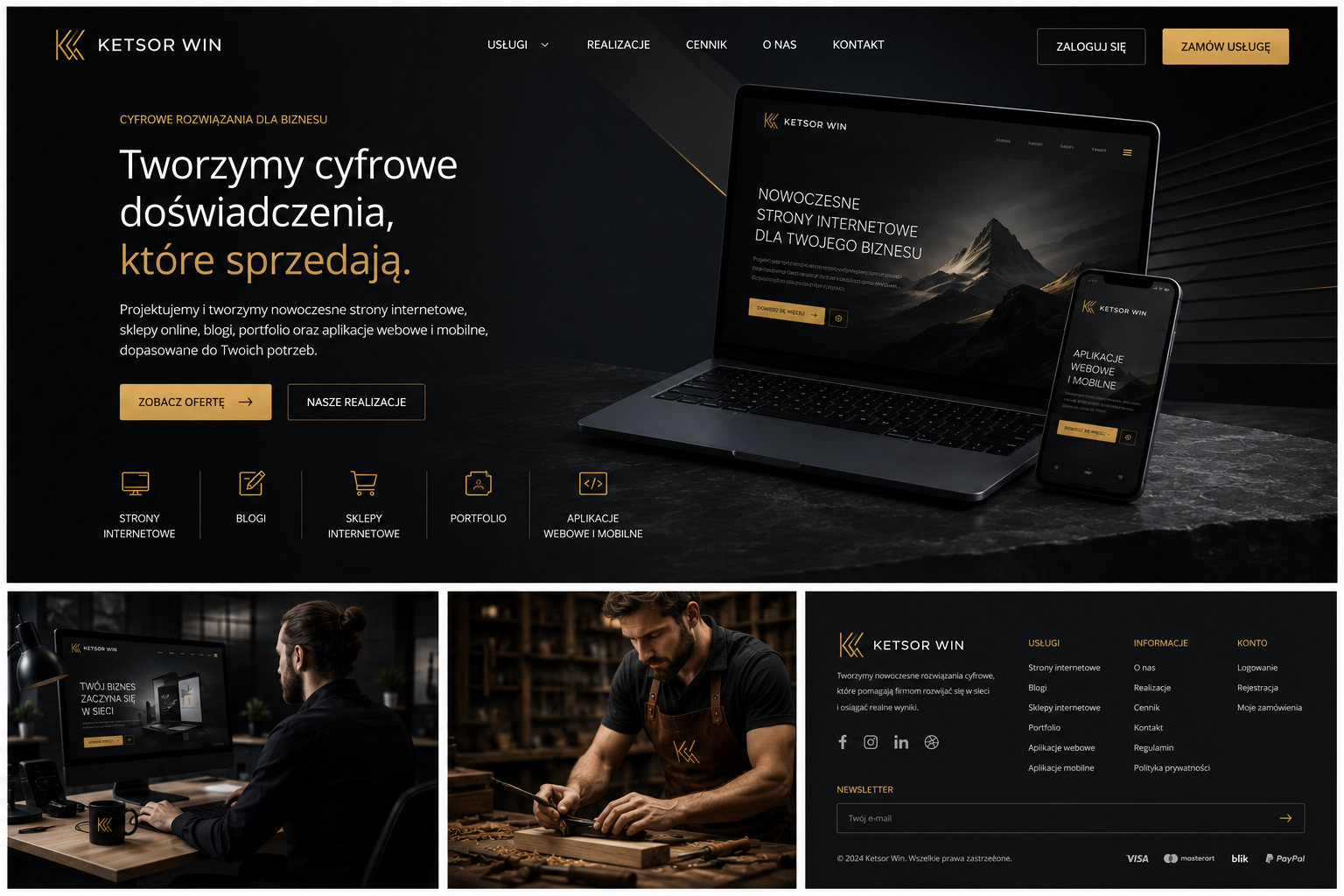 Mockup strony Ketsor Win na laptopie i telefonie